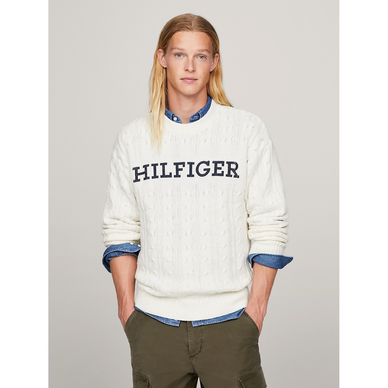 TOMMY HILFIGER Monotype Logo Cable Knit Sweater